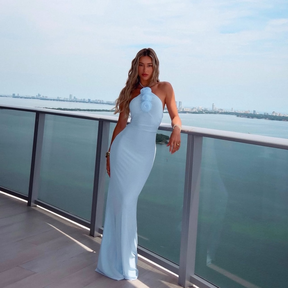 Light Blue One-Shoulder Gown with Rose Accent - Brand new, no tags